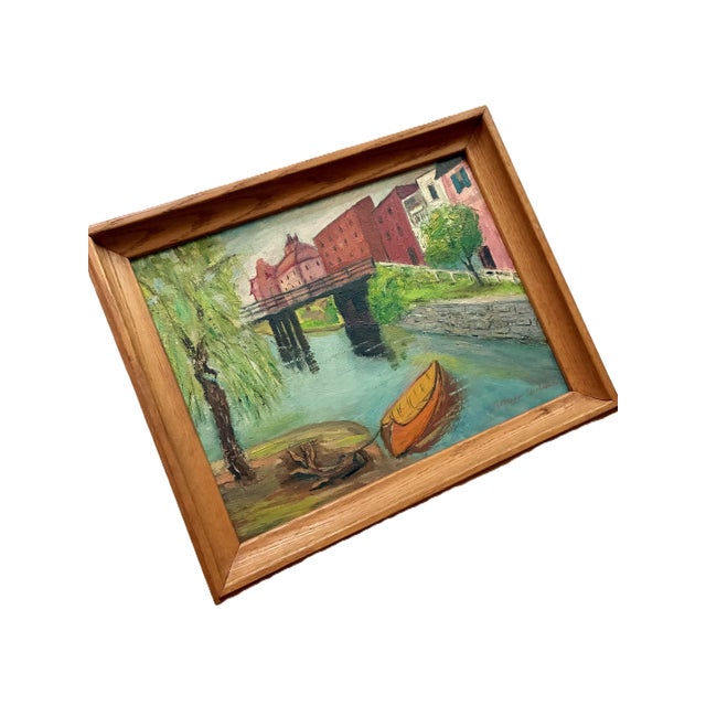 Paper Signed 1930s River Landscape Fine Art Oil Painting / 1930s Small Townscape Wall Art For Sale - Image 7 of 10