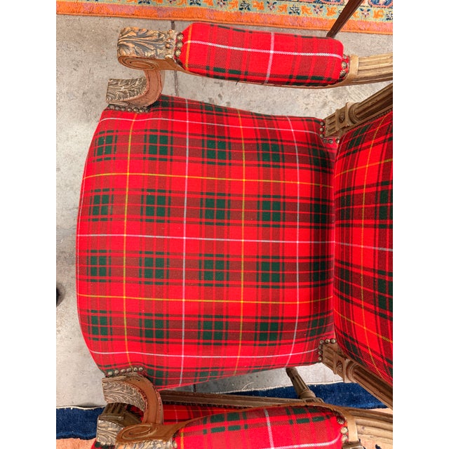 Pair Antique Carved Red Tartan Arm Chairs For Sale In Atlanta - Image 6 of 10