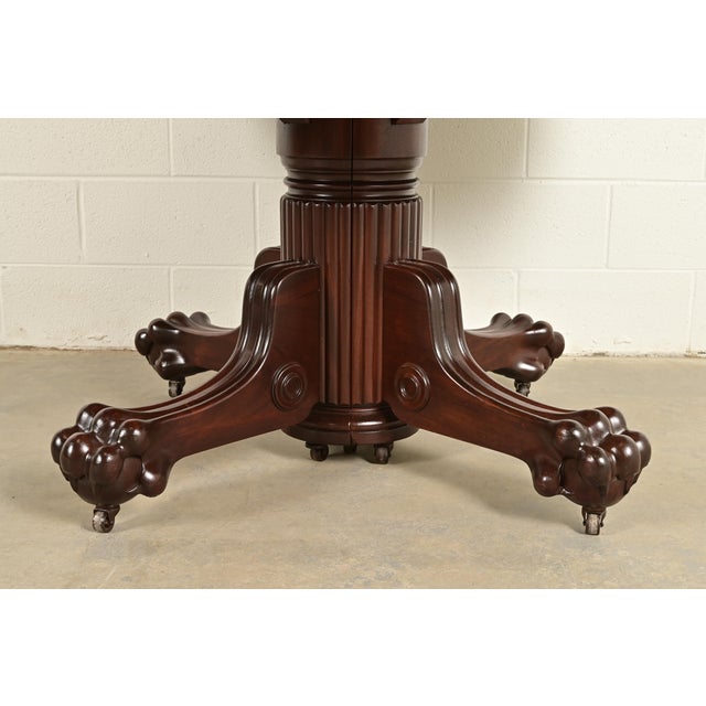 R. J. Horner Antique Victorian Carved Mahogany Split Pedestal Extension Dining Table With Lion Paw Feet, Newly Refinished For Sale - Image 10 of 12