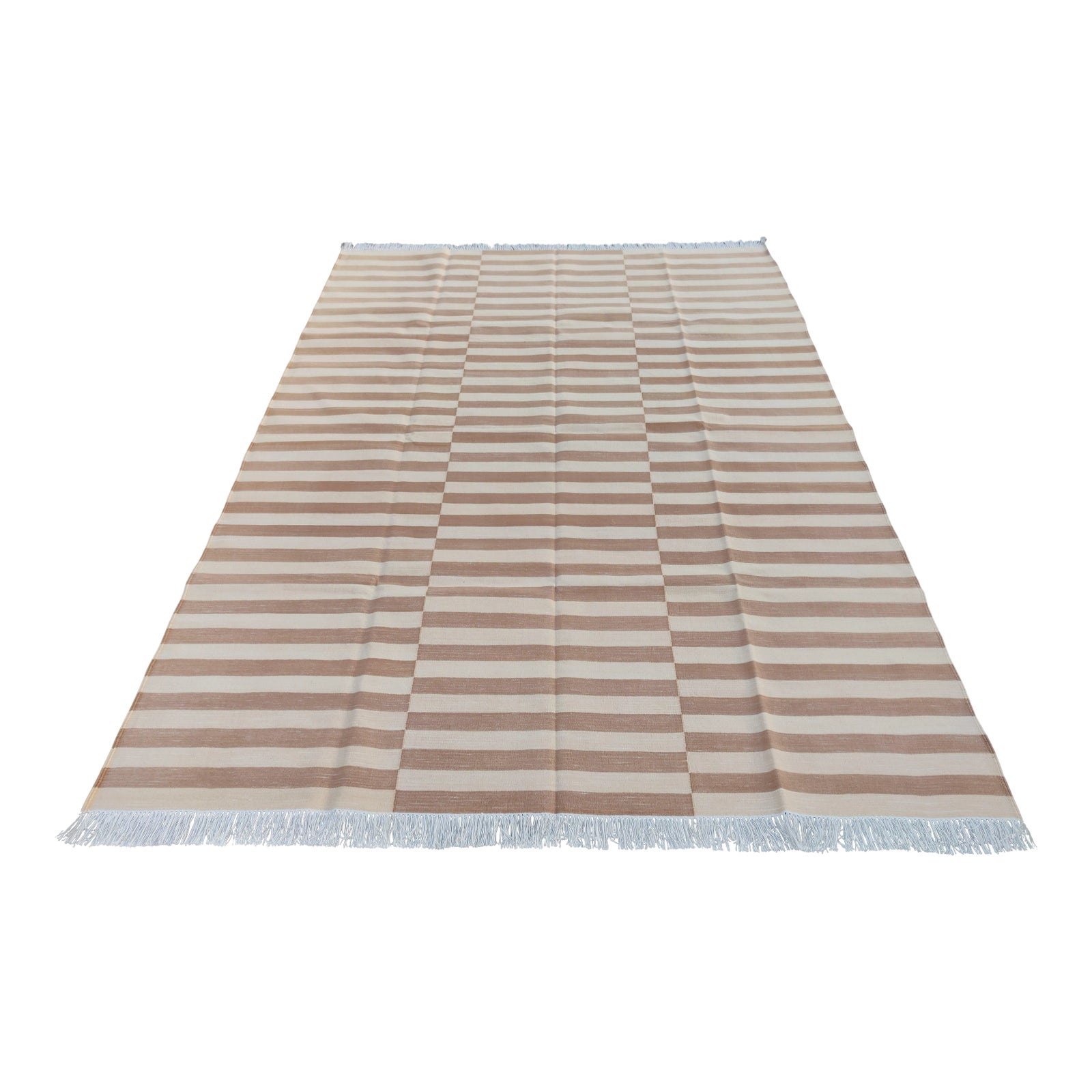 Handmade Tan and White Cotton Striped Rug | Chairish