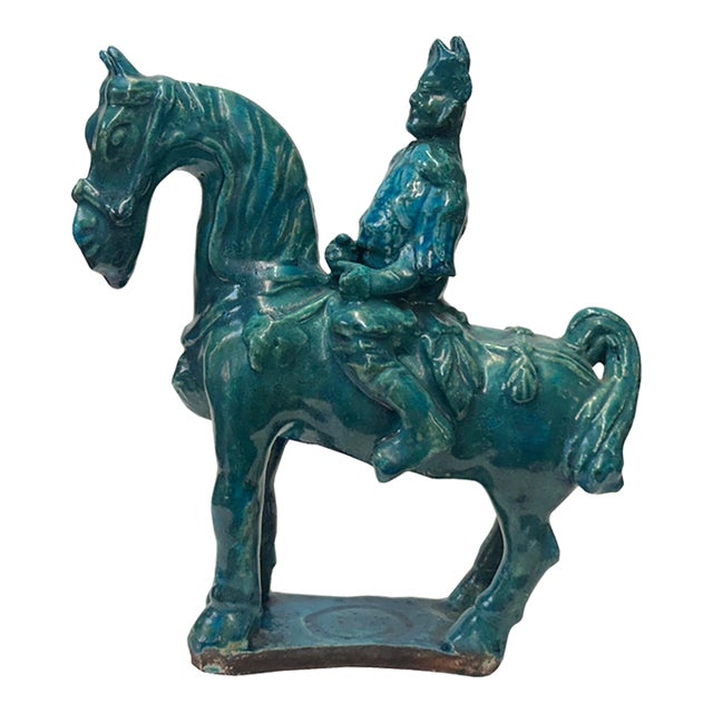 Vintage Distressed Dark Green Glaze Ceramic Soldier Riding Horse Figure For Sale