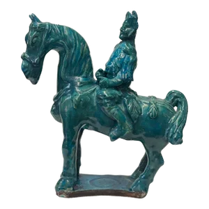 Vintage Distressed Dark Green Glaze Ceramic Soldier Riding Horse Figure
