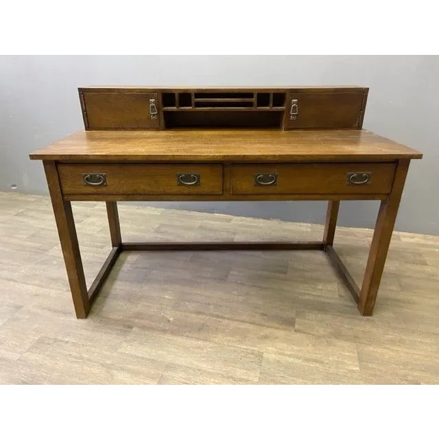 Crafters and Weavers Mission Style Oak Library Table With Hutch - Walnut For Sale - Image 4 of 6