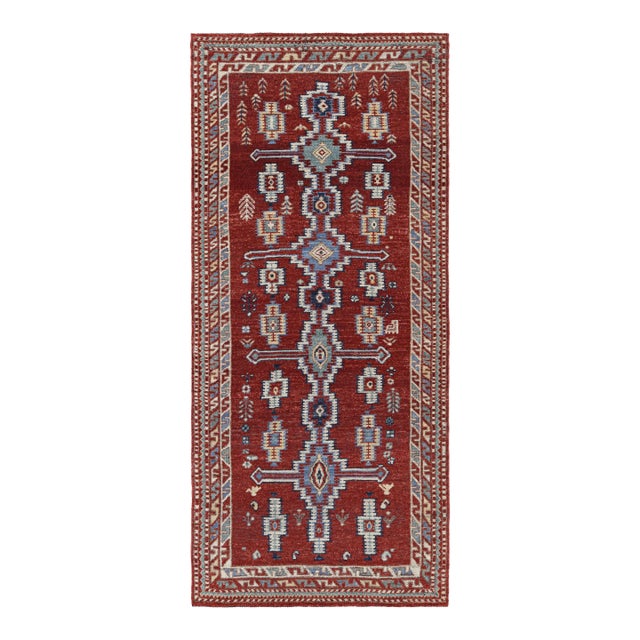 Rug & Kilim’s Persian Style Runner Rug in Red With Blue Geometric Medallions For Sale