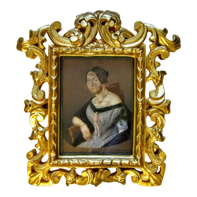 G L Lewin Pastel Gouache Portrait Signed Circa 1848 Rococo Gilt Frame For Sale