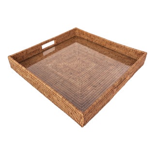 Artifacts Rattan Square Serving Ottoman Trays with Glass Insert in Brown, Large For Sale