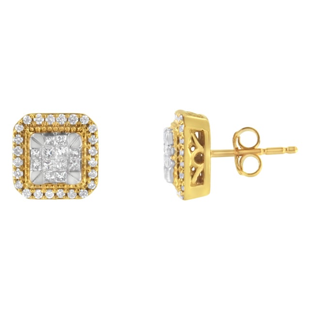 A pair of square diamond cluster stud earring that sparkle with a central cluster of princess cut diamonds surrounded by a...