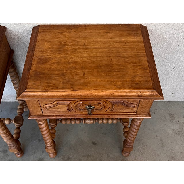 Brown Vintage French Nightstands in Solid Carved Oak With Turned Columns, Set of 2 For Sale - Image 8 of 12
