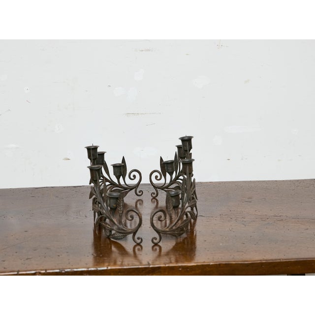 Pair of French Midcentury Iron Candleholders With Leaf and Scroll Motifs For Sale - Image 4 of 6