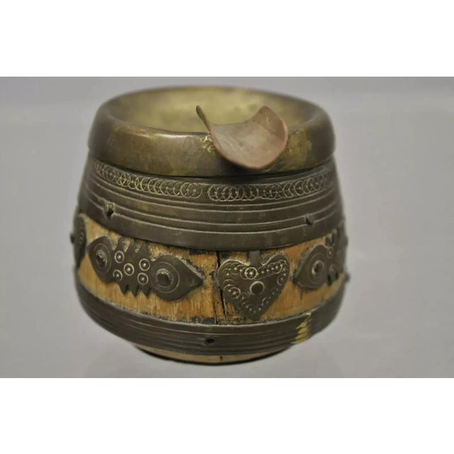 19th Century 19th C. Antique Indian Brass and Wood Smoking Tobacco Jar, Box & Ashtray Set - 3 Pieces For Sale - Image 5 of 11