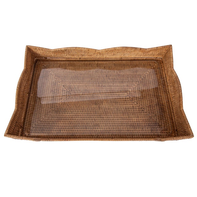 Artifacts Rattan Scallop Design Breakfast Tray with Wooden Legs with Glass insert, Honey Brown For Sale - Image 4 of 5