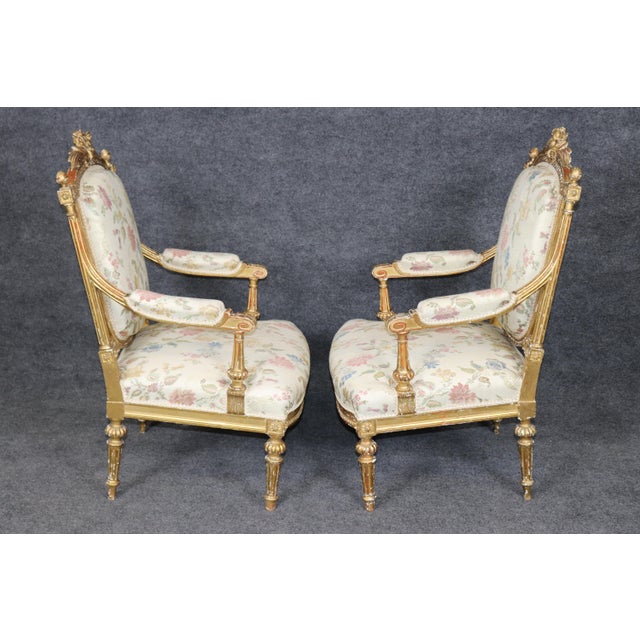 French Pair 19th C. French Louis XVI Style Carved Giltwood Armchairs For Sale - Image 3 of 18