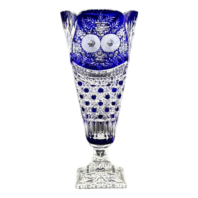 Vintage Crystal Cobalt Blue Overlay Cut Crystal Vase from Meissen, 1960s For Sale