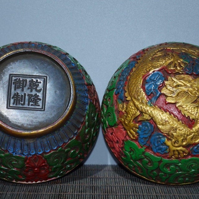 Paint Vintage Tibetan Style Lacquerware Trinket Box With Dragon Motif & Gilt Accents For Sale - Image 7 of 9