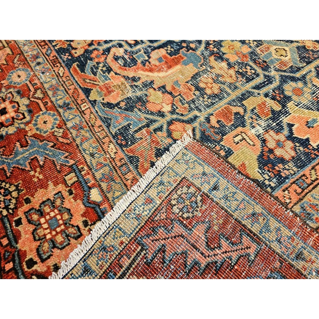 19th Century Antique Persian Heriz Serapi Rug, Hand-Knotted Wool, Allover Tree of Life Pattern, Blue & Brick-Red, 9x12 For Sale - Image 5 of 18