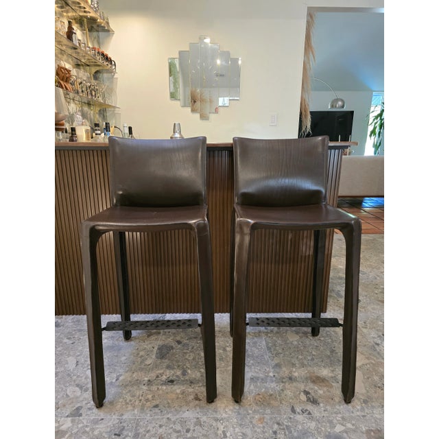 Mario Bellini Brown Leather Cab 410 Stools for Cassina - Set of 2 For Sale In Dallas - Image 6 of 12