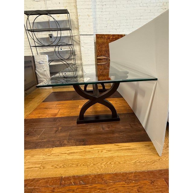 Contemporary Contemporary Sculptural Trestle Wood + Glass Dining Table For Sale - Image 3 of 12