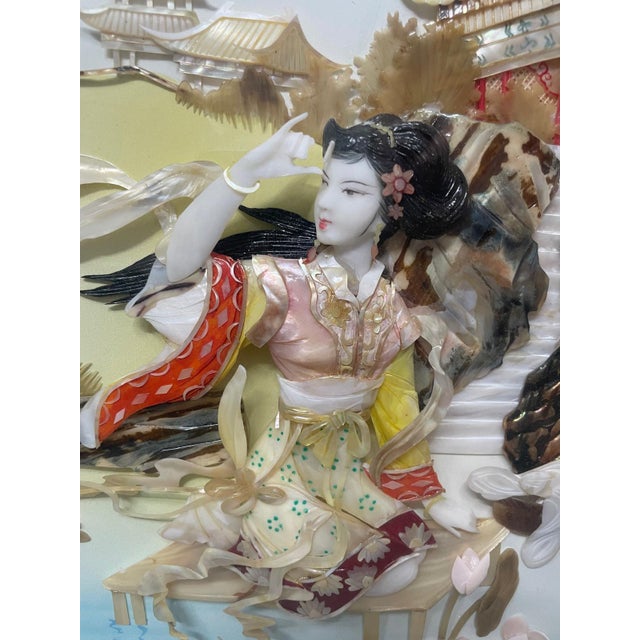 Large Vintage Chinese Hardstone & Shell Inlay Shadow Box – Court Lady With Lotus Garden Scene For Sale - Image 6 of 7