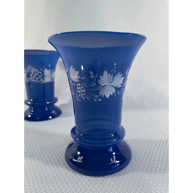Mid-Century Modern Small Vintage Royal Blue Hand Painted Opaline Vases - a Pair For Sale - Image 3 of 11