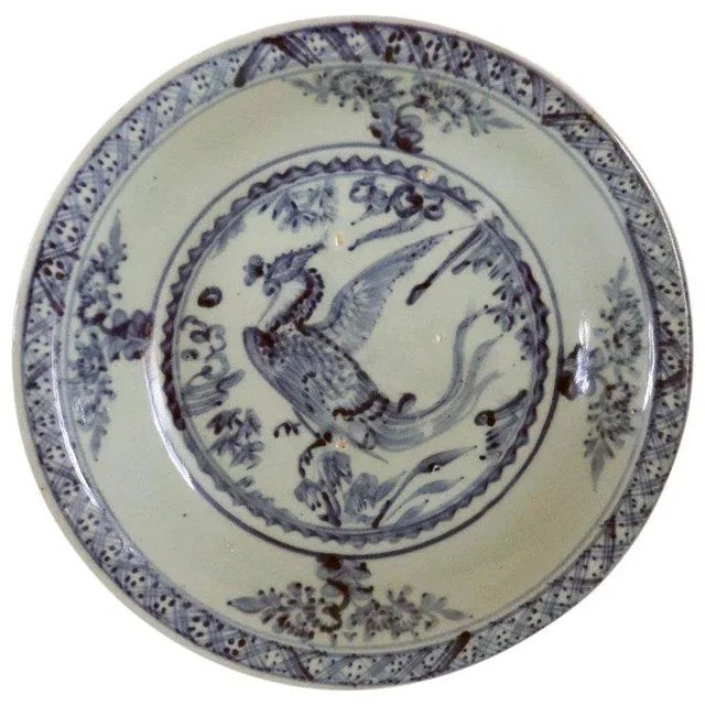 Ceramic Large Chinese Export Ming Swatow Ware Porcelain Celadon Phoenix Plate For Sale - Image 7 of 7