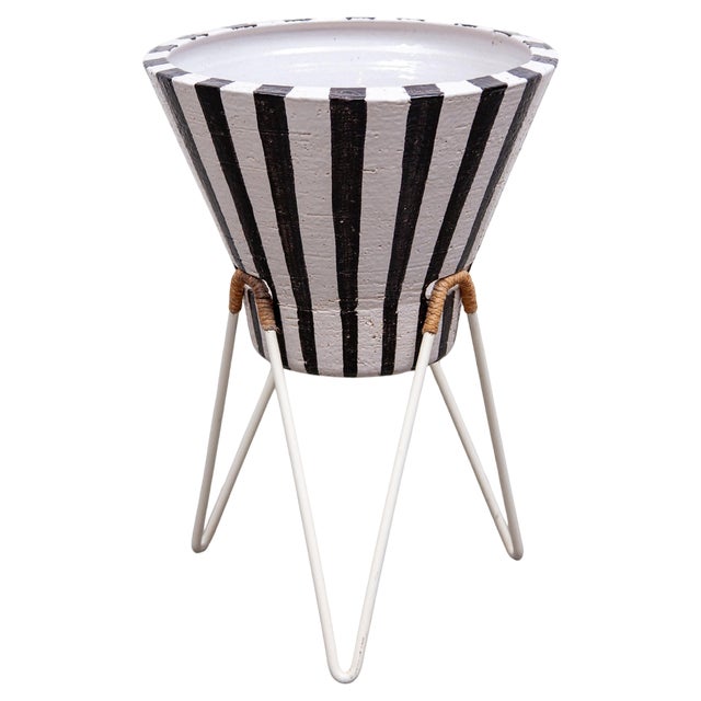 Scandinavian Tripod Planter Ceramic Black & White Stripes, Sweden, 1960s For Sale