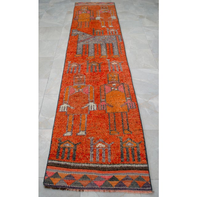 Textile 1970s Vintage Hand Knotted Turkish Rug Orange Gray Kitchen Runner 2x11 Rare Mythological Ancient Aliens Motif Rug For Sale - Image 7 of 12