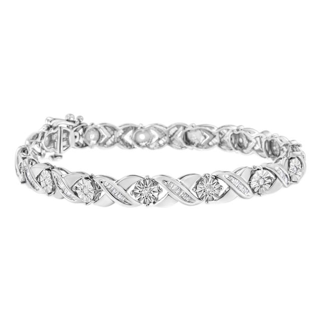 .925 Sterling Silver 1.0 Cttw Round-Brilliant and Baguette Cut Diamond Miracle-Set X-Link 7" Tennis Bracelet (I-J Color, I2-I3 Clarity) For Sale