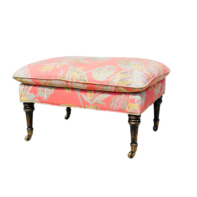 Custom Cr Laine Coral Botanical Cocktail Ottoman | Luxury Designer Upholstered Coffee Table Ottoman With Turned Wood Legs & Brass Casters For Sale - Image 6 of 11