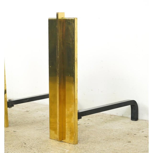Mid-Century Modern Pair of Mid Century Modernist Brass Fireplace Andirons For Sale - Image 3 of 7