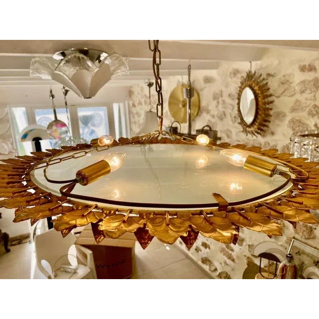 Spanish Crown Sunburst Fixture in Gilt Metal and Frost Glass, 1970s For Sale - Image 9 of 10