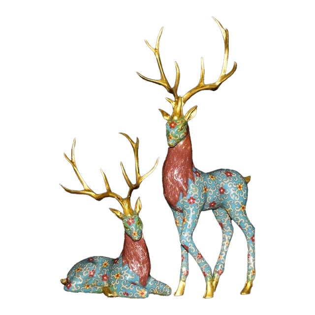 Pair of Vintage Cloisonne Enamel Deer Figures – Gilt Spotted Deer Sculptures For Sale