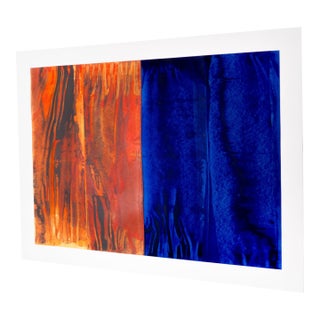 Original Large Abstract Blue & Burnt Orange Split Composition Painting on Paper by Casey R. Klein For Sale