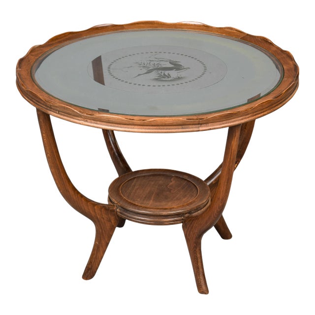 Vintage French Gueridon Small Round Side Table With Etched Glass Top For Sale