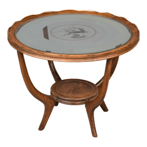 Vintage French Gueridon Small Round Side Table With Etched Glass Top