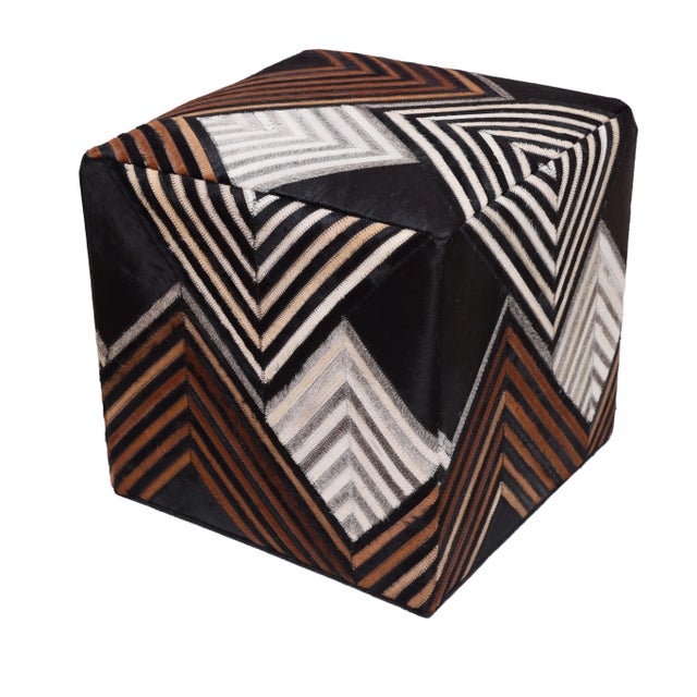 Handmade Chevron Cowhide Leather Ottoman Pouf 18x18x18 in Graphic Statement For Sale - Image 11 of 12
