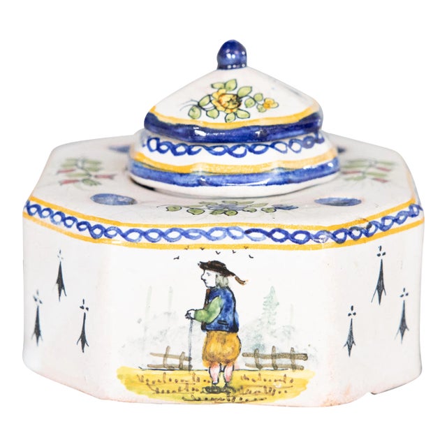 Antique French Faience Quimper Style Inkwell For Sale