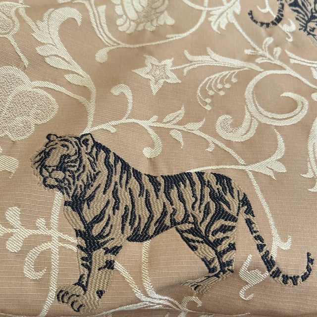 Gold Vintage New Condition Tiger Print 63” Square Overlay/Table Topper With Rich Deep Black/Gold Piped Edge. Removal Black and Gold Tassels. For Sale - Image 8 of 8