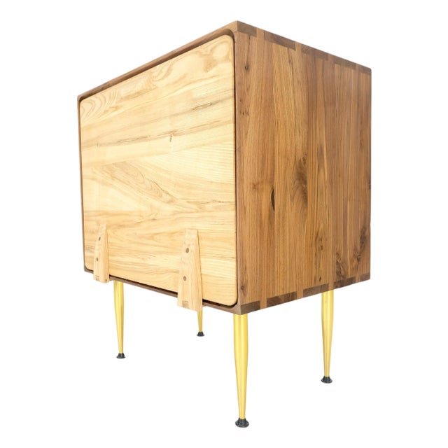 Solid Oak & Walnut Tapered Brass Leg Dovetailed Design Drop Front End Side Table For Sale