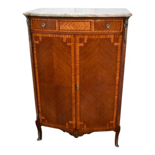 Antique French Marble Top Inlaid Tall Chest W/Brass Ormolu For Sale