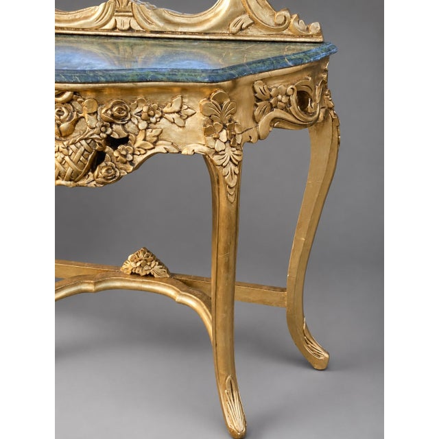 1920s 1920 French Artisan Louis XVI Gold Marble Console With Mirror Set - 2 Pc For Sale - Image 5 of 12