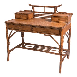 Pagoda Writing Desk British Colonial Style Rattan & Grasscloth For Sale