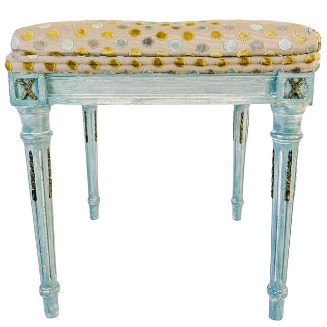 French Mid 20th Century French Louis XVI Style Blue Painted Footstools With Brass Accents & Polka Dot Cut Velvet - A Pair For Sale - Image 3 of 18