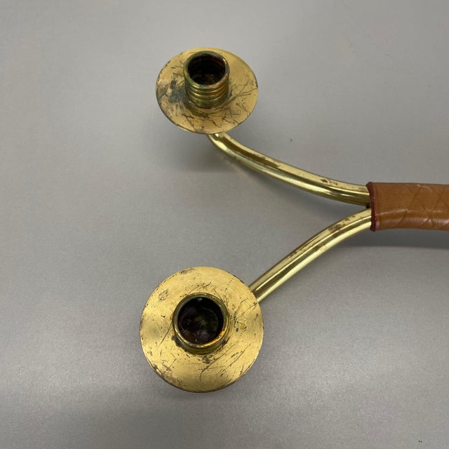Metal Modern Brutalist Brass and Leather Candleholder in the style of Auböck, 1950s For Sale - Image 7 of 18