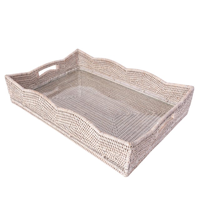Boho Chic Artifacts Rattan Scallop Rectangular Tray with Glass Insert in White For Sale - Image 3 of 3