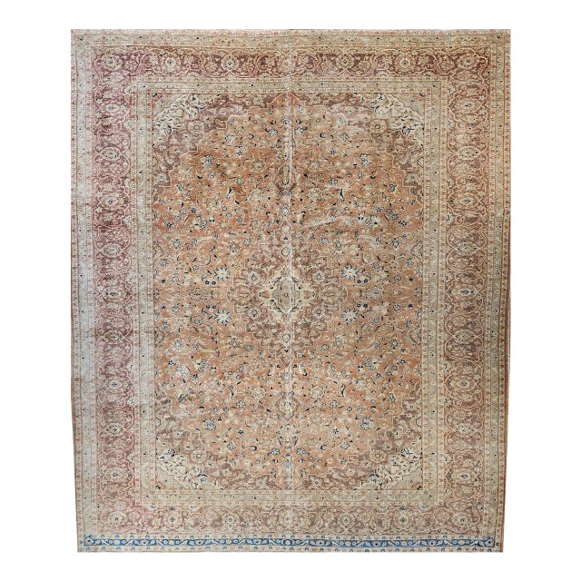 Vintage Persian Tabriz Rug, Hand-Knotted Wool, Floral Pattern, Pale Apricot & Burgundy, 10x13 For Sale