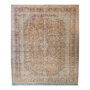Vintage Persian Tabriz Rug, Hand-Knotted Wool, Floral Pattern, Pale Apricot & Burgundy, 10x13