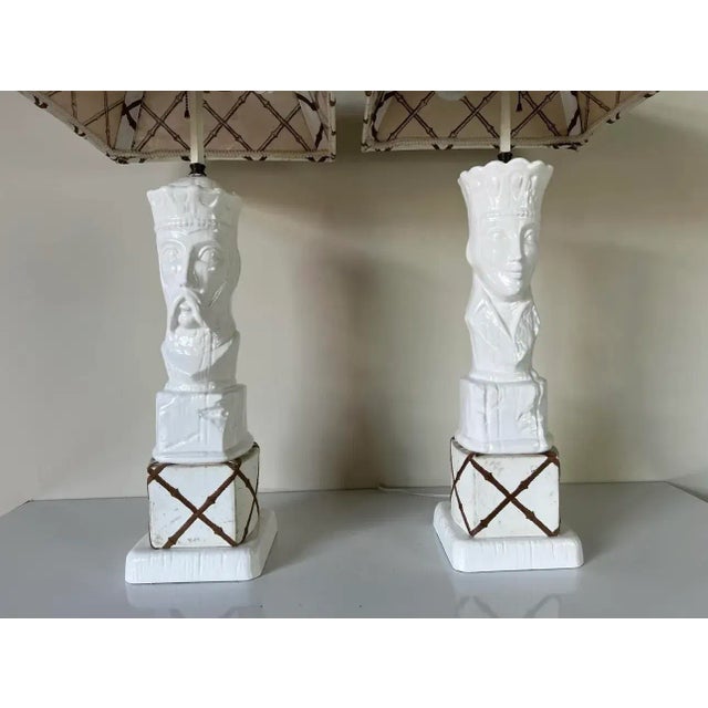 White Hollywood Regency King & Queen Chess Table Lamps - a Pair For Sale - Image 8 of 12