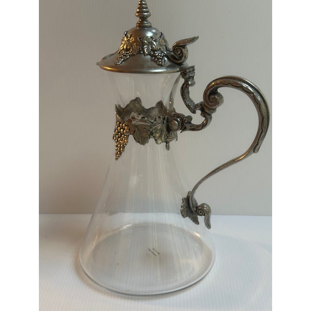 Vintage Glass and Pewter Decanter With Lid and Handle Detailed With Grape Vines Motif Made in Italy For Sale - Image 4 of 14