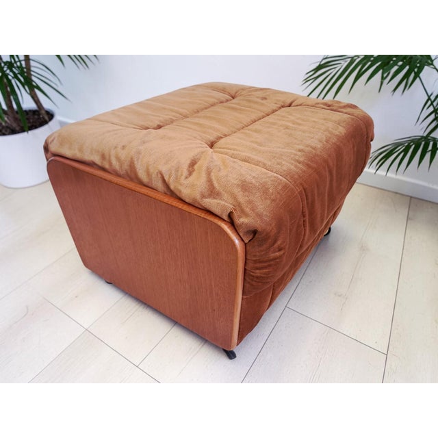 Mid-Century Saddle Ottoman in Teak and Caramel Velour on Castors from G-Plan, 1980s For Sale - Image 4 of 14