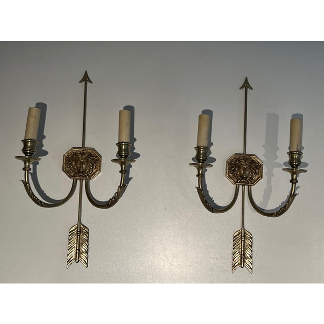 Neoclassical 1950s bronze wall sconces with Arrows and Effigy of the Sun King by Louis Gau - a Pair For Sale - Image 3 of 12